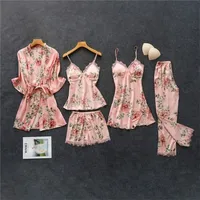 Rosa pyjamas sätter remmar toppbyxor sömnkläder kostym våren höst hem slitage nattkläder kimono robe badklänning mxxl 220715