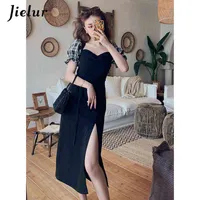 Jielur Vintage Plaid Patchwork Women Dress Chic Side Spilled Sexy Slim Elegant Dresses Laceup Ol Black Summer Dress Party XSL J220519