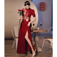 Ubranie etniczne chiński styl seksowna elegancka impreza Środkowa długość Slim Wino Red Wedding Cocktail Sukienki dla tostów ślubnych.