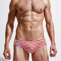 남자 수영복 남자의 섹시한 줄무늬 수영 브리핑 서핑 보드 쇼트 수영복 반바지 해변가 고품질 속옷 maillot de bain c160