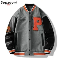 Supzoom 도착 리브 리브 슬리브 자수 브랜드 의류 폭격기 재킷 남자 야구 면화 느슨한 캐주얼 빵 패션 코트 220816