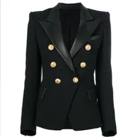 Premium Новый стиль высочайшего качества пиджаки оригинальный дизайн женские двубортные тонкие куртки металлические пряжки Blazer черные кожаные воротничка