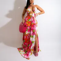 女の子のための夏のビーチドレス赤い花の印刷されたホルターノースリーブハイウエストフロアレングス職業ホリデードレス220507