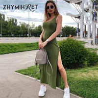 Zhymihret 2021 Été sexy robe fendue divisée femme armée verte robe longue décontractée noire de la chambre noire du festival de plage vestidos l220530