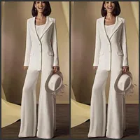 2019 New Satin Long Sleeves Mother Of the Bride Pant Suits with jacket Mother Dresses Custom Made White Formal Outfits 131305L