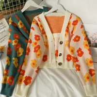 Women's Knits & Tees Tanks Print Camis 2022 Fall Sweaters Women Sets Jumpers Vintage Sweet V Long Sleeve Floral Knitted Cardigan Jacket