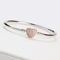 New Rose Gold Heart CZ Diamond Bangle Bracelet 세트 Pandora 925 Sterling Silver Women Wedding Bracelets Jewelry AC265N을위한 원래 상자