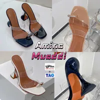 2022 Designerin Amina Muaddi Womans Sandalen Sami 95 PVC Lambleder Leder Sandale Frauen Schuhe Chunky Heel High Heeled Classic Panters Party Casual Sliders Sliders