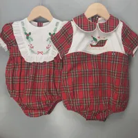 Rompers Children Boutique Clothing Baby Girl Boy Red Plaid British Onesie Short Sleeves Bubble Christmas Twin Siblings OutfitRompers