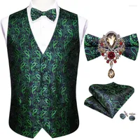 Men&#039;s Vests Designer Mens Wedding Suit Vest Classic Green Paisley Jacquard Folral Silk Waistcoat Butterfly Brooches Set Barry.WangMen&#039;s