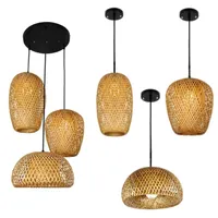 Pendant Lamps Bamboo Lantern Lamp Natural Rattan Wicker Chandeliers Hand-Woven Lampshades E27 Lighting Fixtures Hanging Light
