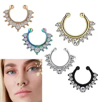 Women Clip Hoop Vintage Fake Nose Ring Faux Piercing Body Jewelry Arts Crystal Fashion Clicker Fake Septum