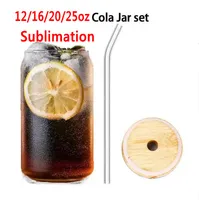 Entrepôt américain 12oz 16ozdiy sublimation vierge peut gobeler des gobelets en verre de bière avec couvercle en bambou et voiture de paille pour le soda à café glacé C0505