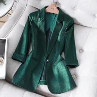 Business Half Sleeves Fit Blazers Imitate Satin Women Summer Korean Style Retro Suit Coats Female Chic Office Basic Solid