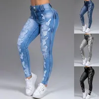 Jeans femininos de grandes dimensões Ripped Hole Lápis Plus Size Jeggings Solid Summer Summer Casual Cantura alta Slim Denim Streetwears