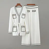 Pantalones de dos piezas para mujeres Menahem Otoño Elegante tejido de tejido Mujeres V Cuello de manga larga Cardigan Sweater Wide L300P
