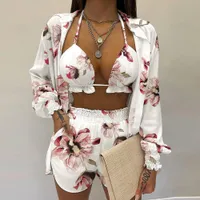 2022 Summer New Short Sets for Women 3 Pieces Suit Suspenders Bra Top Sexy Cardigan Long-sleeved Print Swimwear Beach Swimsuit F032