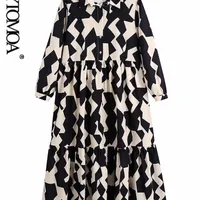 KPYTOMOA Women Fashion Geometric Print Ruffled Midi Dress Vintage Three Quarter Sleeve Buttonup Female Dresses Vestidos 220527