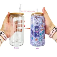 US Stock 12oz 16oz Sublimation Glass Tumplers Cup Blanks with Bamboo Lid Brosted Beer Can Glass Double Wall Globe Tumbler Mason Jar Straw C0711G10