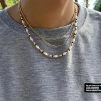 Chokers Fashion Personality Colored Rice Beads Connected Imitation Pearl Necklace Bohemian Men Metal Ball Bead Chain Three Layer JewelryChok