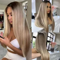 Lace Wigs Blond Human Hair Wig 13x4 Markeer Remy rechte omberas voorkant met donkere rootslace tobi22