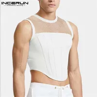 Men Tank Tops Mesh Patchwork Round Neck Sleeveless See Through Sexy Vests Streetwear Party Nightclub Crop INCERUN 220618