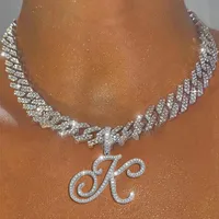 Correntes A-Z Cursive Letter pendente de pingente gelado colar cubano para mulheres link de zircão inicial charda rock rock hip hop jóias