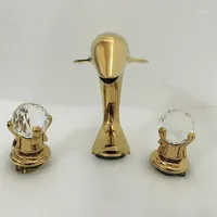Banyo lavabo muslukları altın renkli yunuslar tasarımı soğuk musluk çift kristal sap yıkama havzası mikseri musluklar 1pcs lot1289u