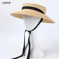 USPOP French style vintage shallow crown straw hat straw sun hats long ribbon natural wheat straw beach hat 220527