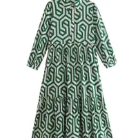 Zevity Women Vintage Geometric Print Pleats Casual Slim Midi Shirt Dress Female Chic Gleats Ruffles A Line Vestido DS395 220516