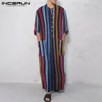 Inderun Striped muzułmański kaftan islamski arabski jubba thobe guzika długie rękawy S Arabia Vintage Men Robes Dubai Abaya S5xl 220714