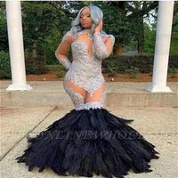 Vintage Long Sleeves Black Feather Silver Prom Dresses Sexy Illusion Bodice High Neck Appliques Fur Train Mermaid Party Occasion G229O
