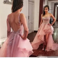 Dusty Pink High Low Prom Dresses Organza Exposed Boning Backless Evening Dress Sexy Custom made Spaghetti Straps Cocktail Party Go315q