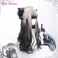 NXY As Long Curly Synthetic Wig with Center Bangs Dark White Gradient Black Natural Hair Female Cosplay Heat-resi 220622