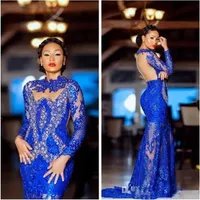 Aso Ebi 2020 Arabic Lace Royal Blue Mermaid Evening Dress Beaded Crystals Prom Dresses Long Sleeves Formal African Party Pageant G233J