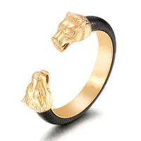 Golden Stainless Steel Lion Head Open Bangles for Men Elastic Adjustable Leather Bracelets Male Boys Hand Accessories Jewellery