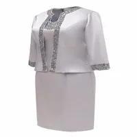 Grey Satin Short Cheap Mother Of The Bride 2019 Beaded Two Piece Formal Dresses For Mother Women Jacket Elegant Evening Dress Gown165g