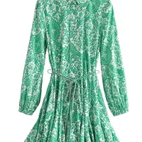 Traf Zar Green Print Shirt Woman Ruffle Short Es For Women Belt Vintage Mini Long Sleeve Casual Dresses 220628
