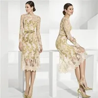 Gold Lace Mother Of The Bride Dresses With Long Sleeves Sheer Bateau Neck Sheath Wedding Guest Dress Tea Length Plus Size Evening 2798