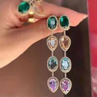 Luxury Water Drop Long Earrings oval Green Crystal Cubic Zirconia Stone MultiColor Ear Line Earring For Women boho party Jewelry