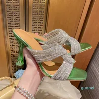 2022 Gatsby Sling Crystal Design Stiletto glijdt Strange Heel Solid Color Women Slippers Cross Band Sandalen Sapatos de Mujer Designer