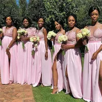 New A line Chiffon Blush Pink Bridesmaid Dresses African Black Girl Party Prom Dresses Long Cheap Split Front Wedding guest Dress243f
