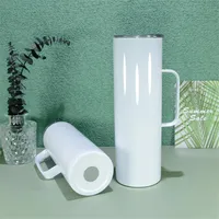 US warehouse Sublimation Straight Tumbler with handle 20oz skinny tumblers Camp Mug Stainless Steel Slim Insulated Cups Beer Coffee Mugs Rubber Bottom Metal Straw