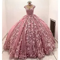 Pink High Neck 2022 Quinceanera Dresses Cap Sleeve Lace Flower Mexikansk 3d blommor söta 15 klänningar puffy kjol Vestidos 16 anos