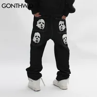 Hip Hop Gótico Pantalones de mezclilla Streetwear Mens Gráfico Punk Rock Jeans Harajuku Casual Jean pantalones Negro 220706