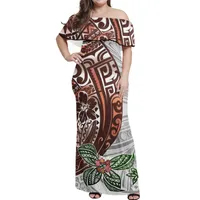Sıradan elbiseler askısız A-line gevşek yaka parti kapalı omuz maxi elbise polinezya geleneksel samoa tapa kabile baskısı kadın bodyco