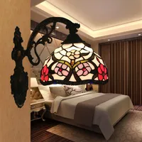 Tiffany Glass Shade Vintage Led Wall Lamp Barokke Europese woonkamer Slaapkamer Wand SCONCE Lichten Bloemen Patroon Applique Murale 292T