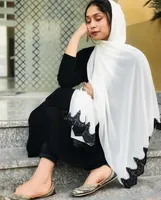 Scarves Trendy Plain Bubble Heavy Chiffon Wrap With White Embroidered Lace Solider Color Shawls Headband Muslim Hijabs Scarves/ScarfScarves