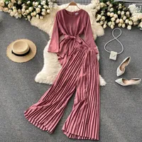 Women&#039;s Two Piece Pants Professional Suit Ladies Shirt Waist Lotus Leaf Hem Top All-Match Heavy Industry Pleated Wide-Leg Fashionable Two-Pi