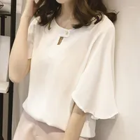 Women's Blouses & Shirts Women Work Office Tops Short-sleeve Casual Chiffon Shirt Top Korean Style Lady Elegent BlusasWomen's
